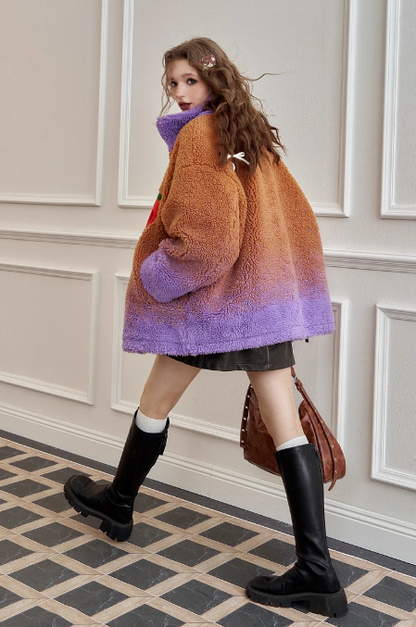 變色草莓仿羊毛短外套 X3455