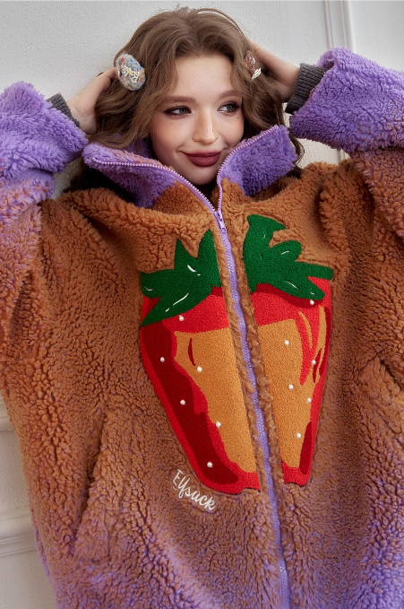 變色草莓仿羊毛短外套 X3455