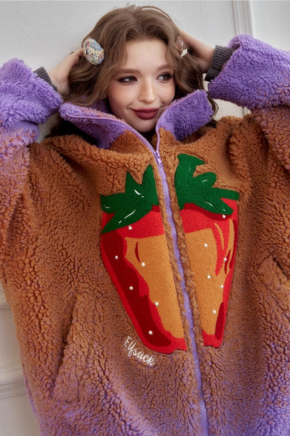 變色草莓仿羊毛短外套 X3455