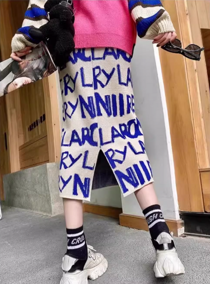 彩色Logo針織中長裙 X3461