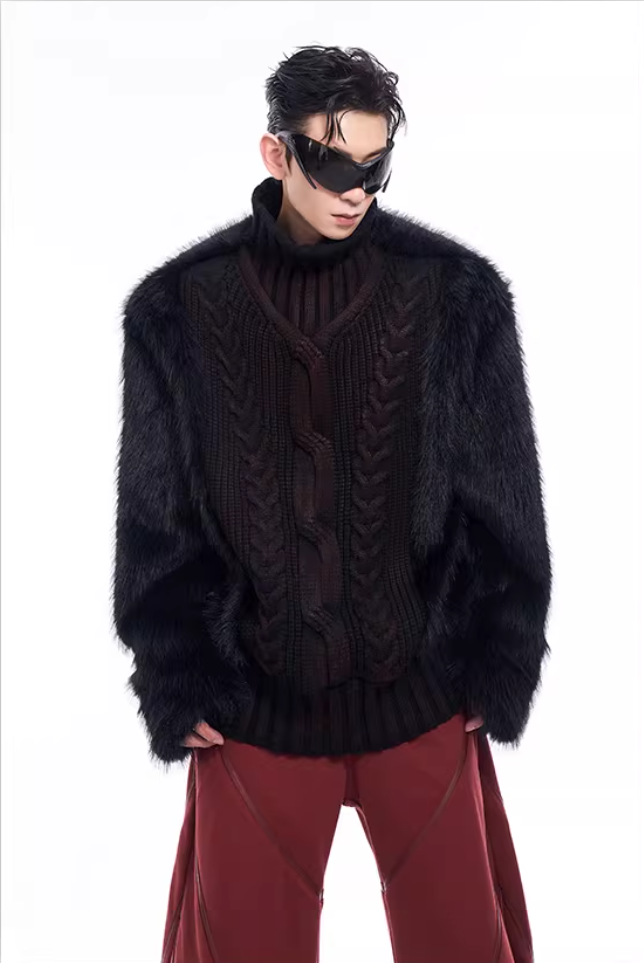 Faux-Fur Panel High-Neck Knit Sweater X3493