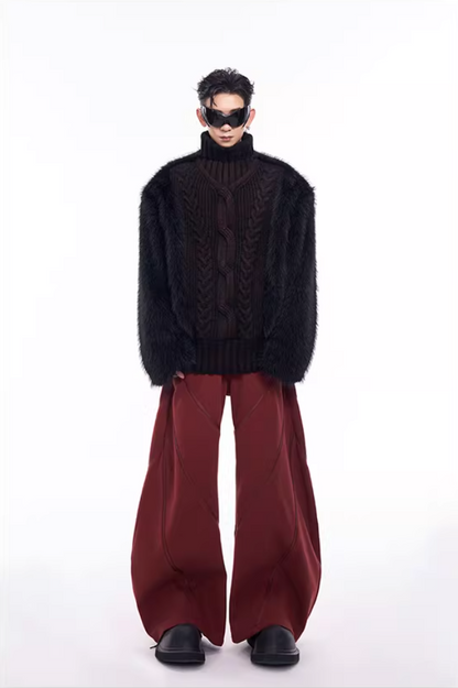 Faux-Fur Panel High-Neck Knit Sweater X3493