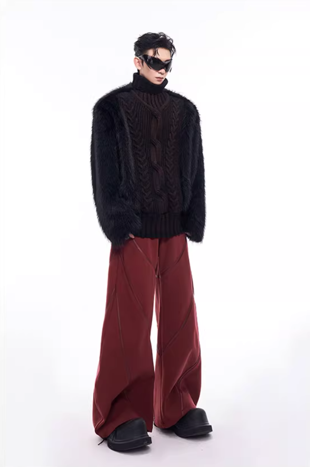 Faux-Fur Panel High-Neck Knit Sweater X3493