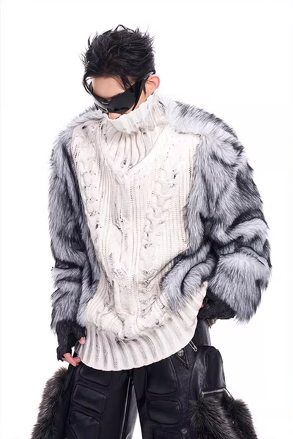 Faux-Fur Panel High-Neck Knit Sweater X3493