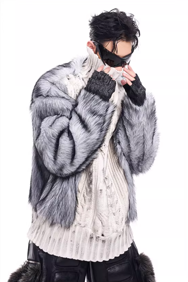 Faux-Fur Panel High-Neck Knit Sweater X3493