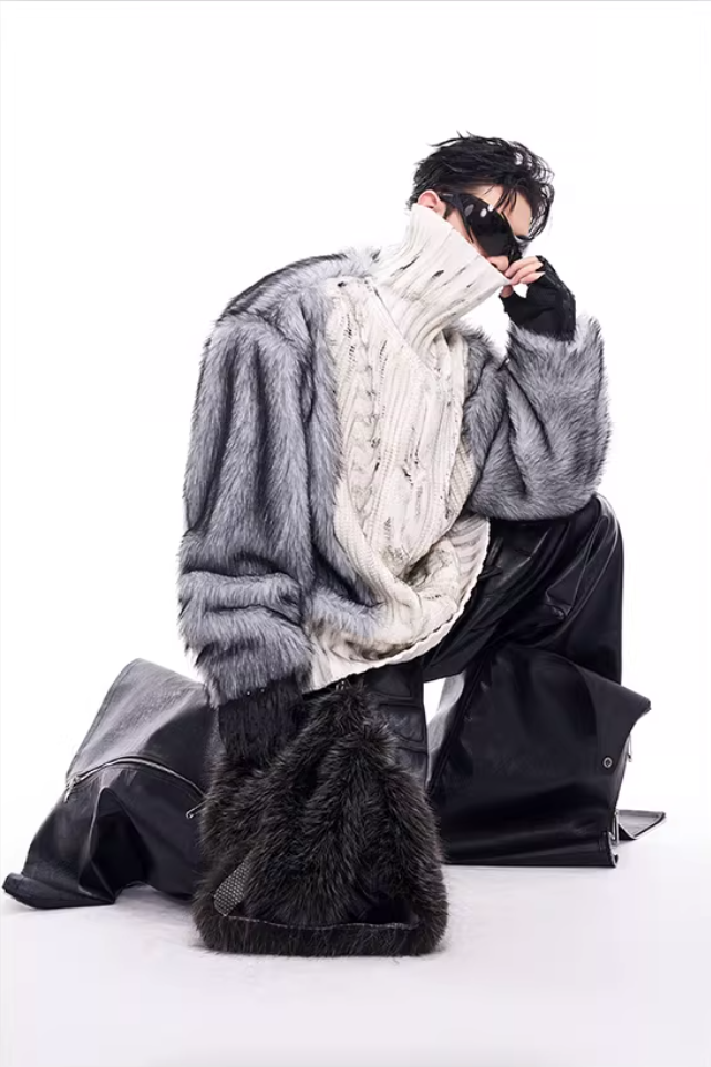 Faux-Fur Panel High-Neck Knit Sweater X3493