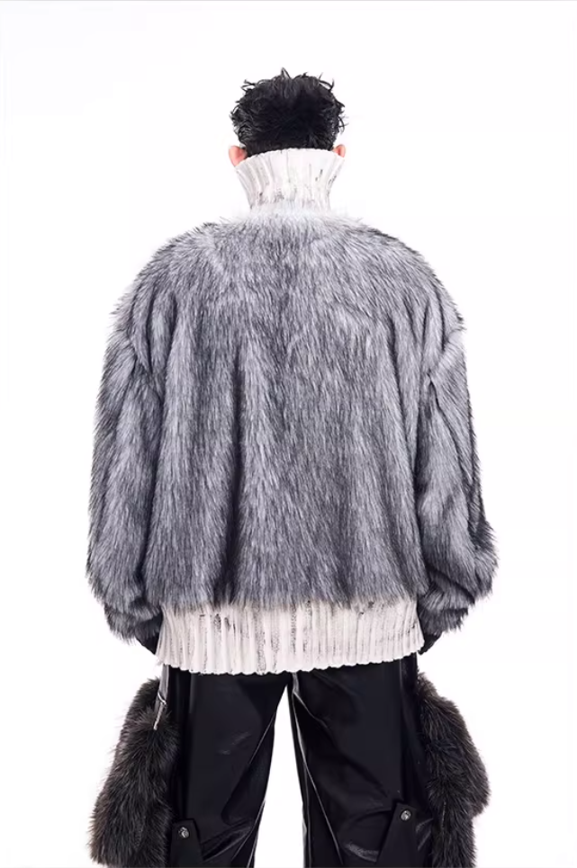 Faux-Fur Panel High-Neck Knit Sweater X3493
