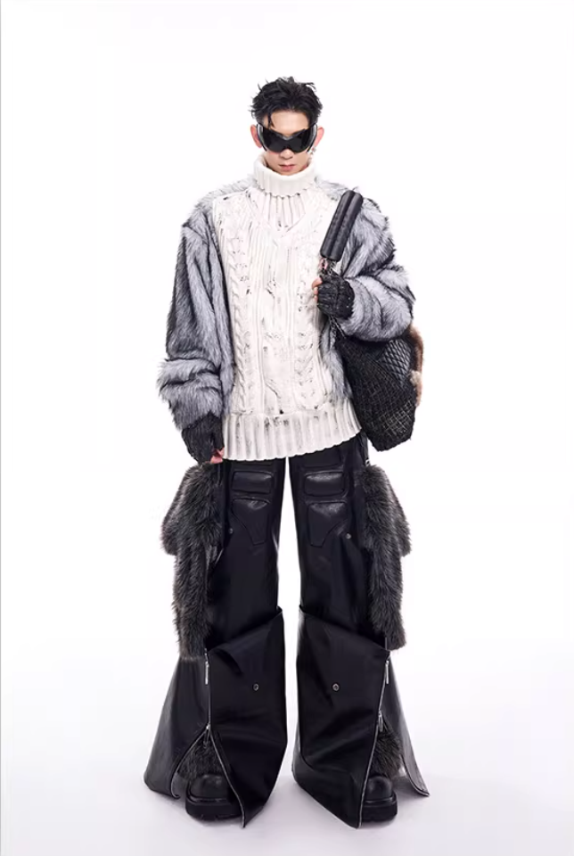 Faux-Fur Panel High-Neck Knit Sweater X3493