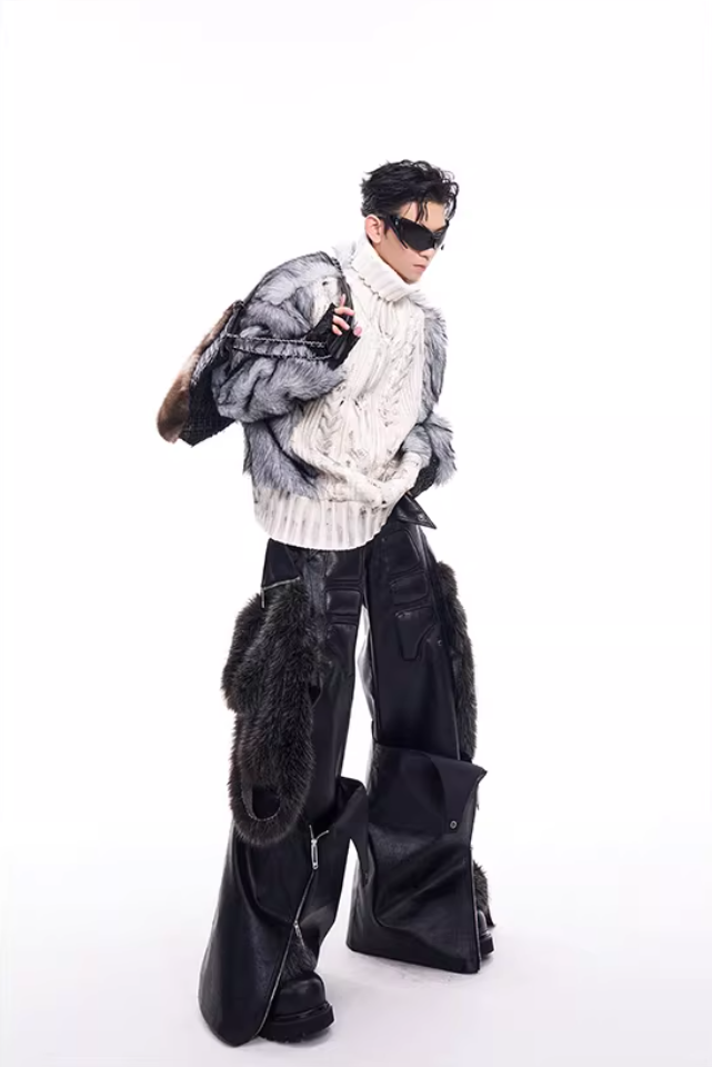 Faux-Fur Panel High-Neck Knit Sweater X3493