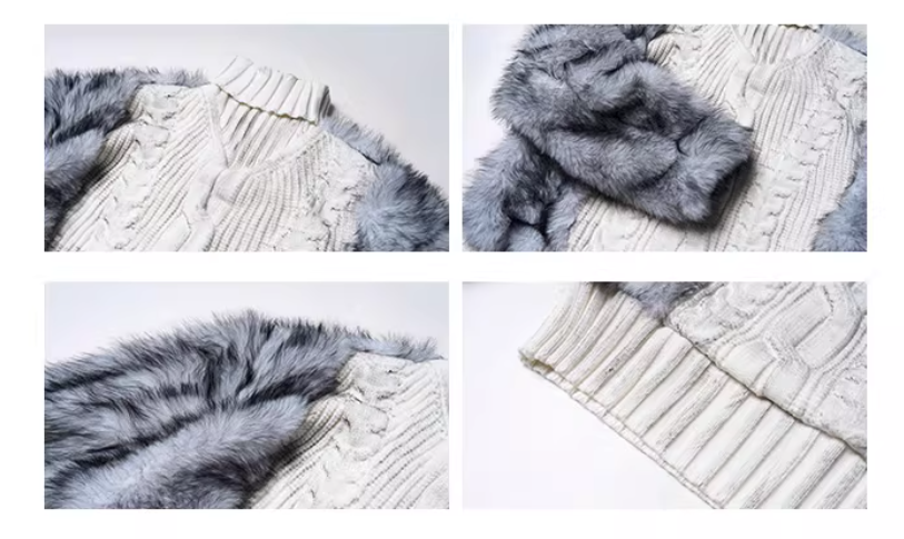 Faux-Fur Panel High-Neck Knit Sweater X3493