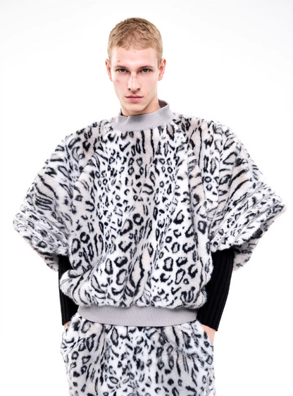 Half-High Neck Leopard Print Faux-Fur 3/4 Sleeve Pullover/Pants　X3494
