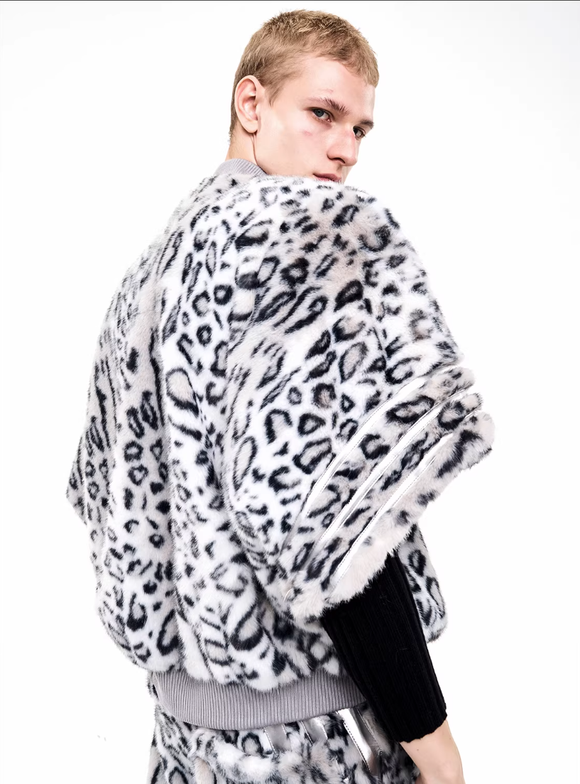 Half-High Neck Leopard Print Faux-Fur 3/4 Sleeve Pullover/Pants　X3494
