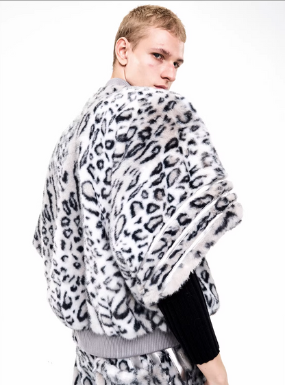 Half-High Neck Leopard Print Faux-Fur 3/4 Sleeve Pullover/Pants　X3494