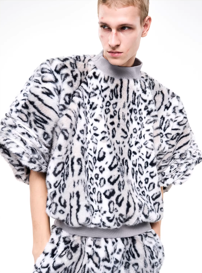 Half-High Neck Leopard Print Faux-Fur 3/4 Sleeve Pullover/Pants　X3494