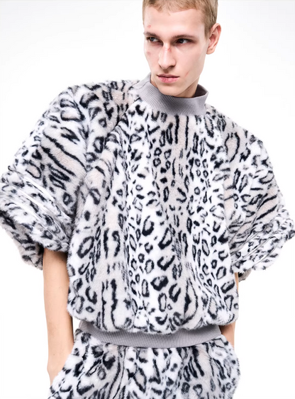 Half-High Neck Leopard Print Faux-Fur 3/4 Sleeve Pullover/Pants　X3494
