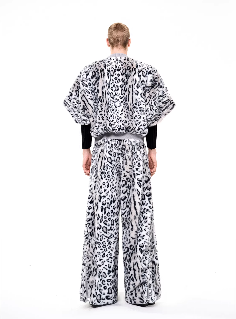 Half-High Neck Leopard Print Faux-Fur 3/4 Sleeve Pullover/Pants　X3494