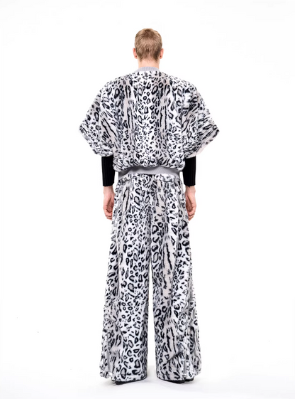 Half-High Neck Leopard Print Faux-Fur 3/4 Sleeve Pullover/Pants　X3494