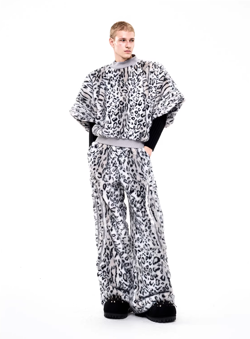 Half-High Neck Leopard Print Faux-Fur 3/4 Sleeve Pullover/Pants　X3494