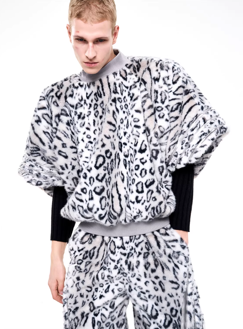 Half-High Neck Leopard Print Faux-Fur 3/4 Sleeve Pullover/Pants　X3494