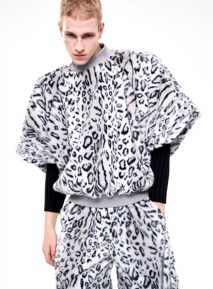 Half-High Neck Leopard Print Faux-Fur 3/4 Sleeve Pullover/Pants　X3494