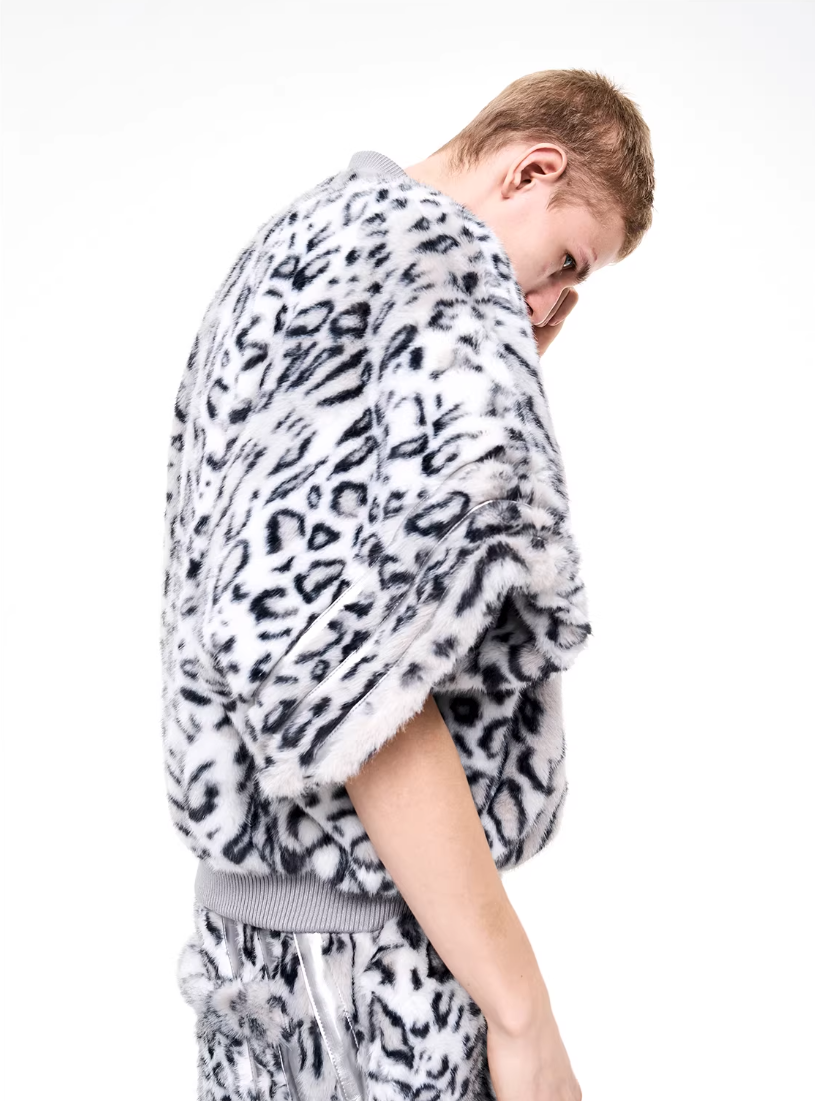 Half-High Neck Leopard Print Faux-Fur 3/4 Sleeve Pullover/Pants　X3494