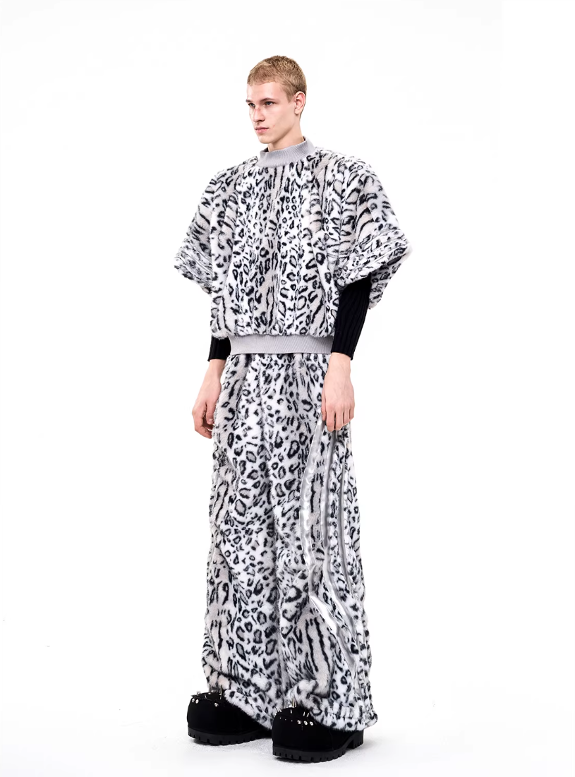 Half-High Neck Leopard Print Faux-Fur 3/4 Sleeve Pullover/Pants　X3494