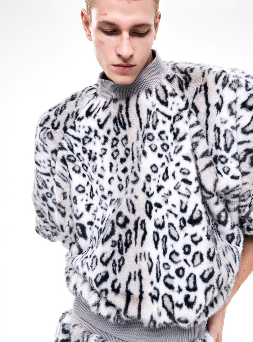Half-High Neck Leopard Print Faux-Fur 3/4 Sleeve Pullover/Pants　X3494