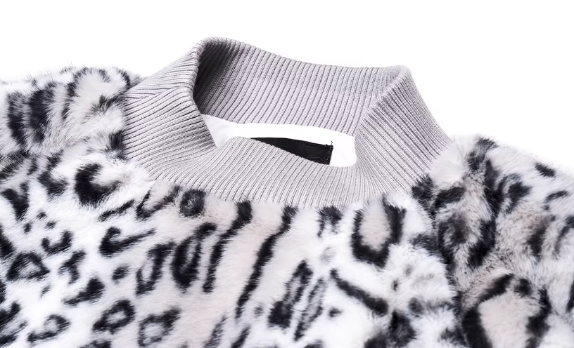 Half-High Neck Leopard Print Faux-Fur 3/4 Sleeve Pullover/Pants　X3494