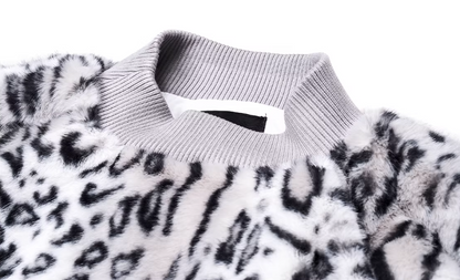 Half-High Neck Leopard Print Faux-Fur 3/4 Sleeve Pullover/Pants　X3494