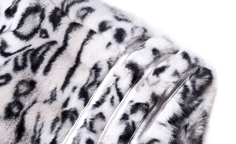 Half-High Neck Leopard Print Faux-Fur 3/4 Sleeve Pullover/Pants　X3494