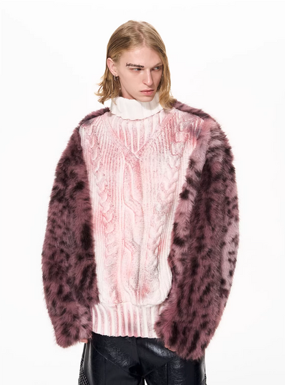 Faux-Fur Panel High-Neck Knit Sweater X3493