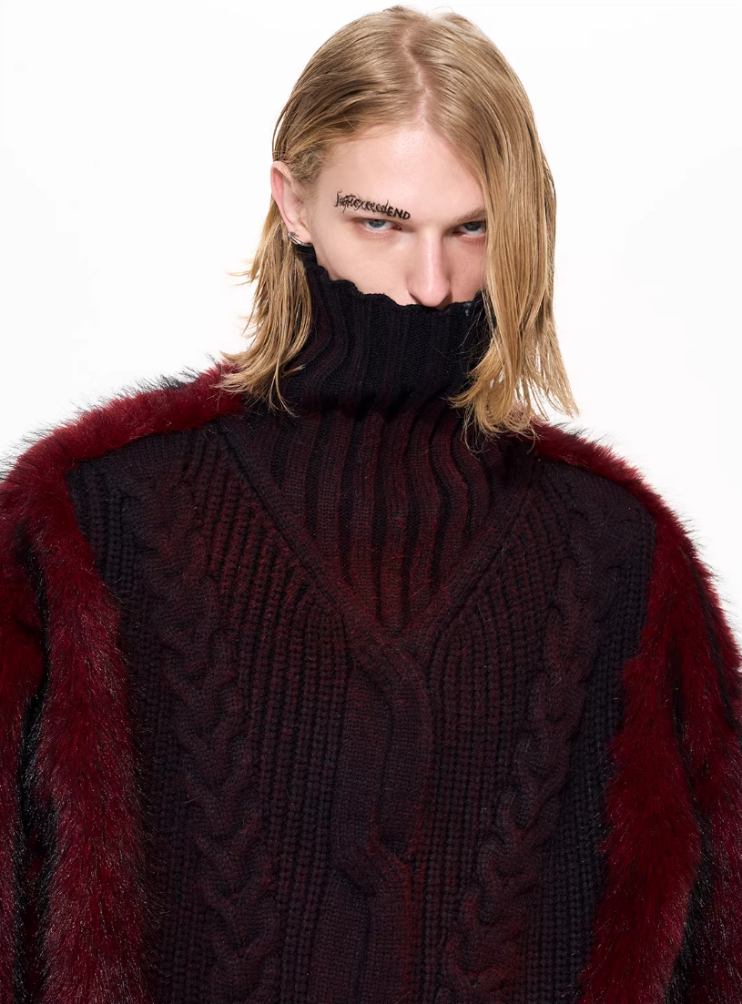 Faux-Fur Panel High-Neck Knit Sweater X3493
