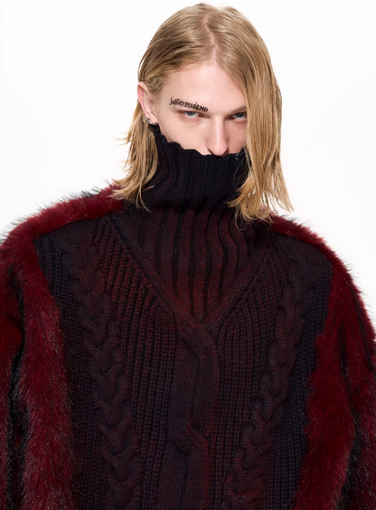 Faux-Fur Panel High-Neck Knit Sweater X3493