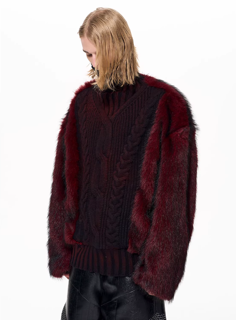 Faux-Fur Panel High-Neck Knit Sweater X3493