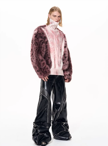 Faux-Fur Panel High-Neck Knit Sweater X3493