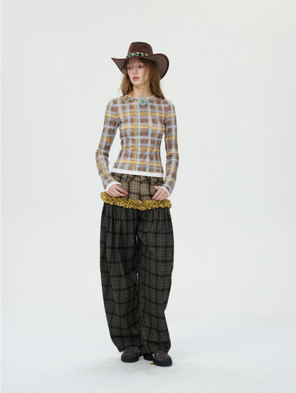 Printed & Check Patchwork Curved Pants with Ruffle Detail　X3507