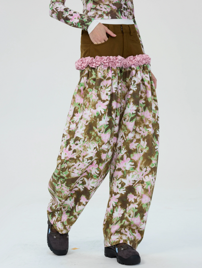 Printed & Check Patchwork Curved Pants with Ruffle Detail　X3507