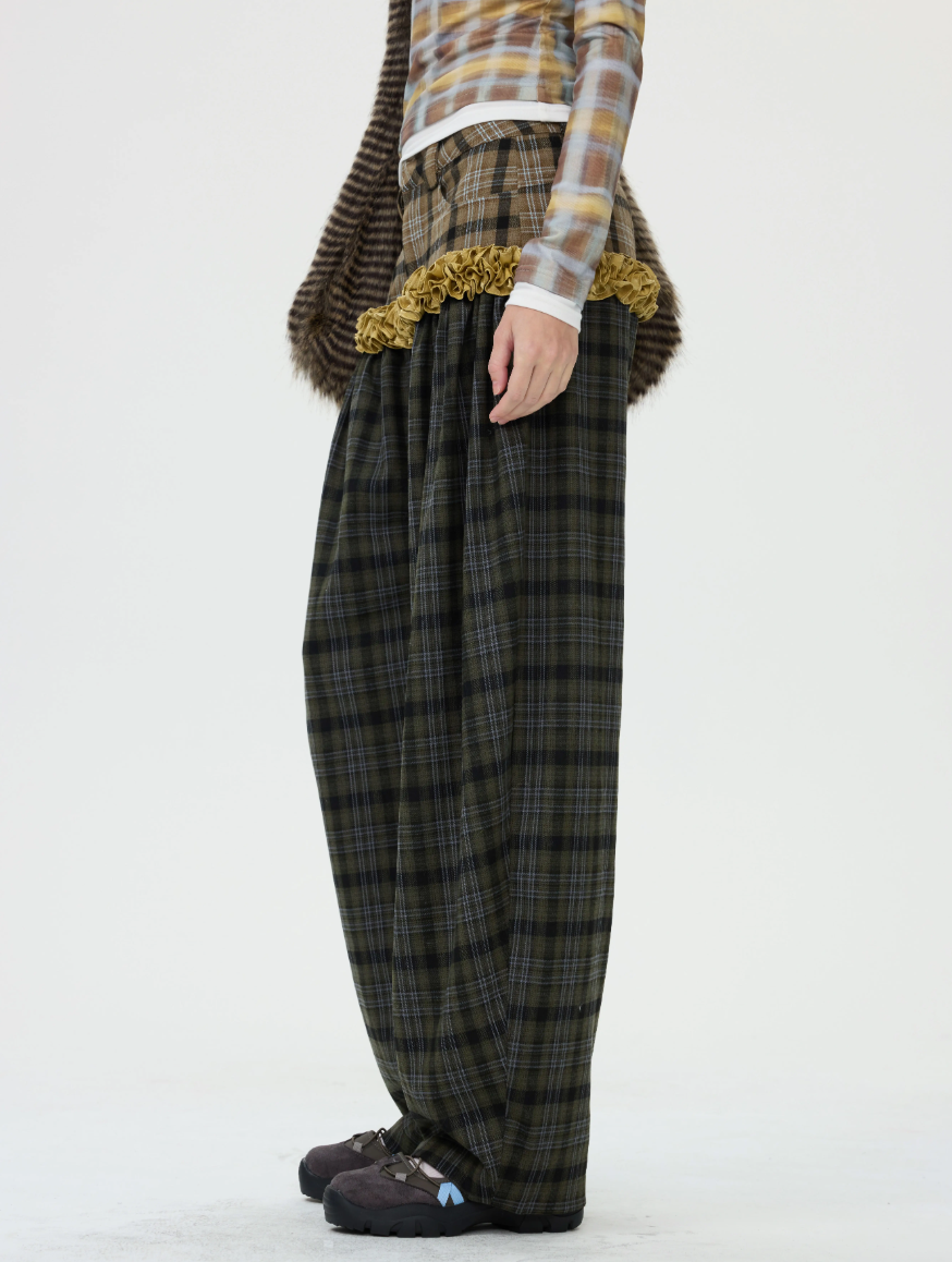 Printed & Check Patchwork Curved Pants with Ruffle Detail　X3507