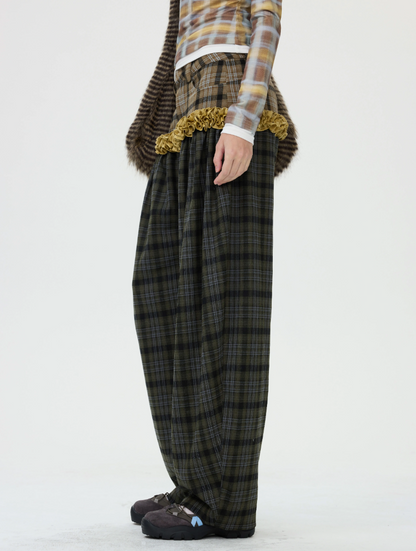 Printed & Check Patchwork Curved Pants with Ruffle Detail　X3507