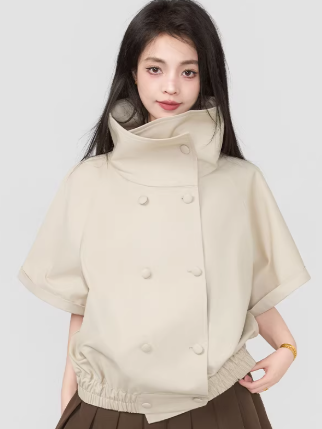 Double-Breasted Wide Silhouette Short-Sleeve Top　X3537