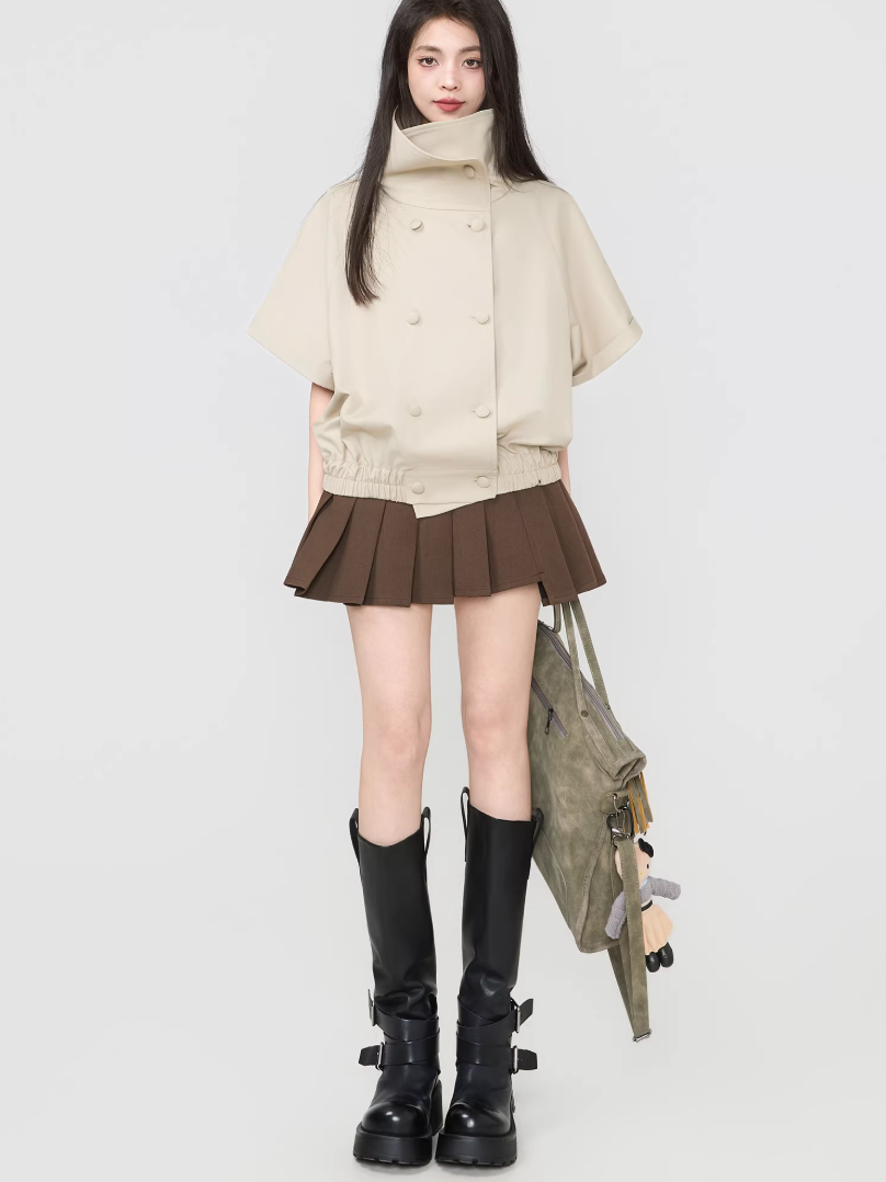 Double-Breasted Wide Silhouette Short-Sleeve Top　X3537