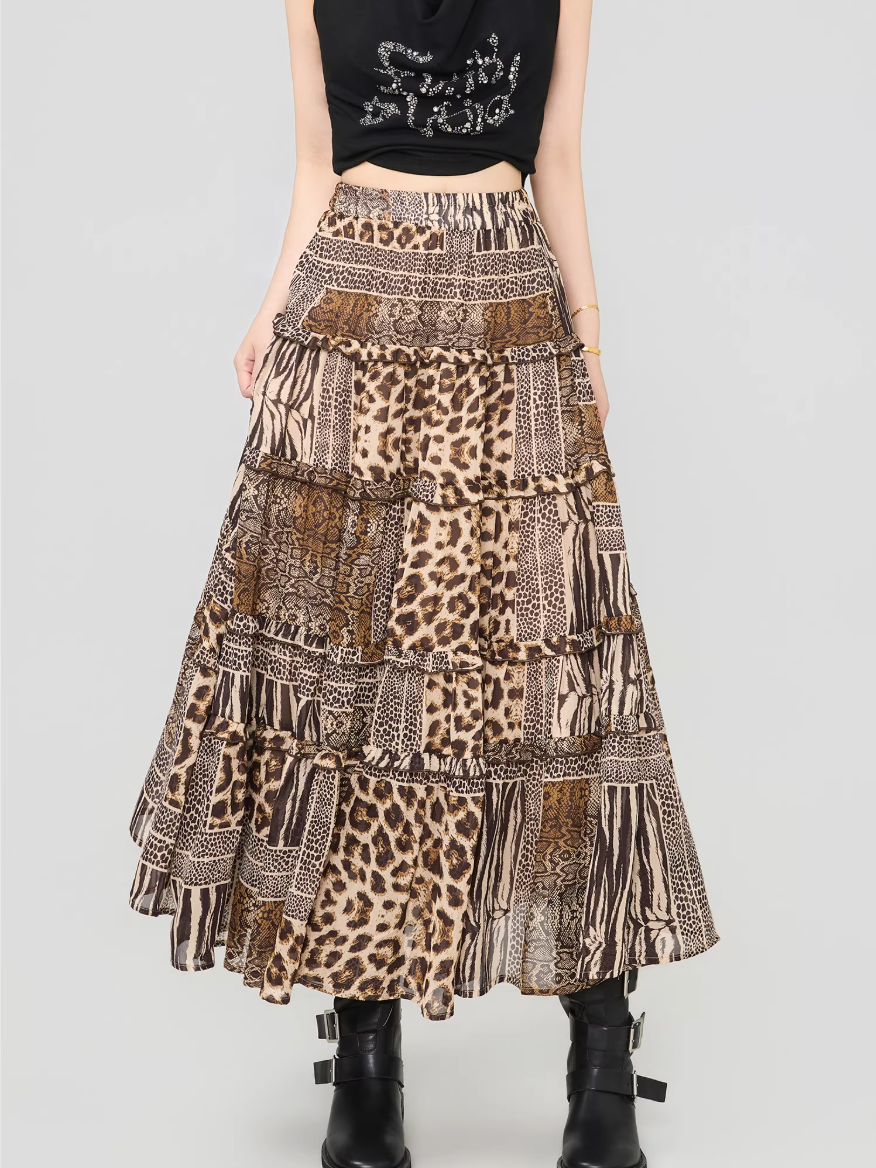 Leopard Print Ruffle Patchwork Chiffon Skirt （Long / Mini）　X3539