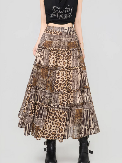 Leopard Print Ruffle Patchwork Chiffon Skirt （Long / Mini）　X3539