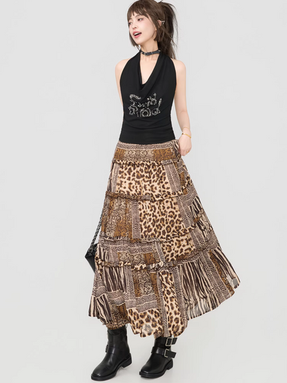 Leopard Print Ruffle Patchwork Chiffon Skirt （Long / Mini）　X3539