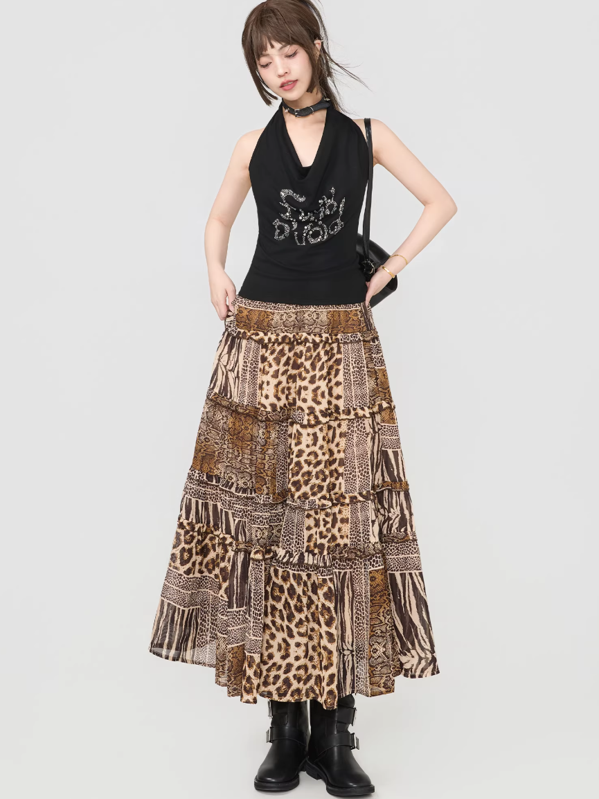 Leopard Print Ruffle Patchwork Chiffon Skirt （Long / Mini）　X3539