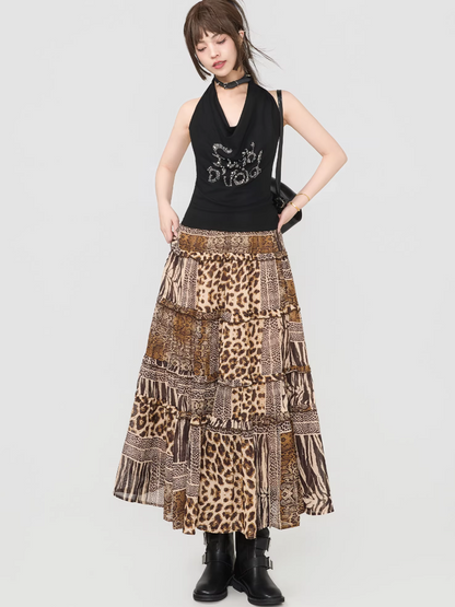 Leopard Print Ruffle Patchwork Chiffon Skirt （Long / Mini）　X3539