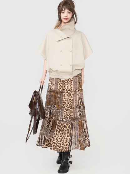 Leopard Print Ruffle Patchwork Chiffon Skirt （Long / Mini）　X3539