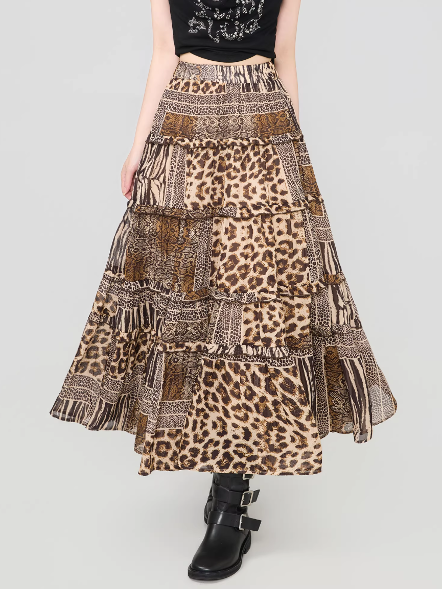 Leopard Print Ruffle Patchwork Chiffon Skirt （Long / Mini）　X3539