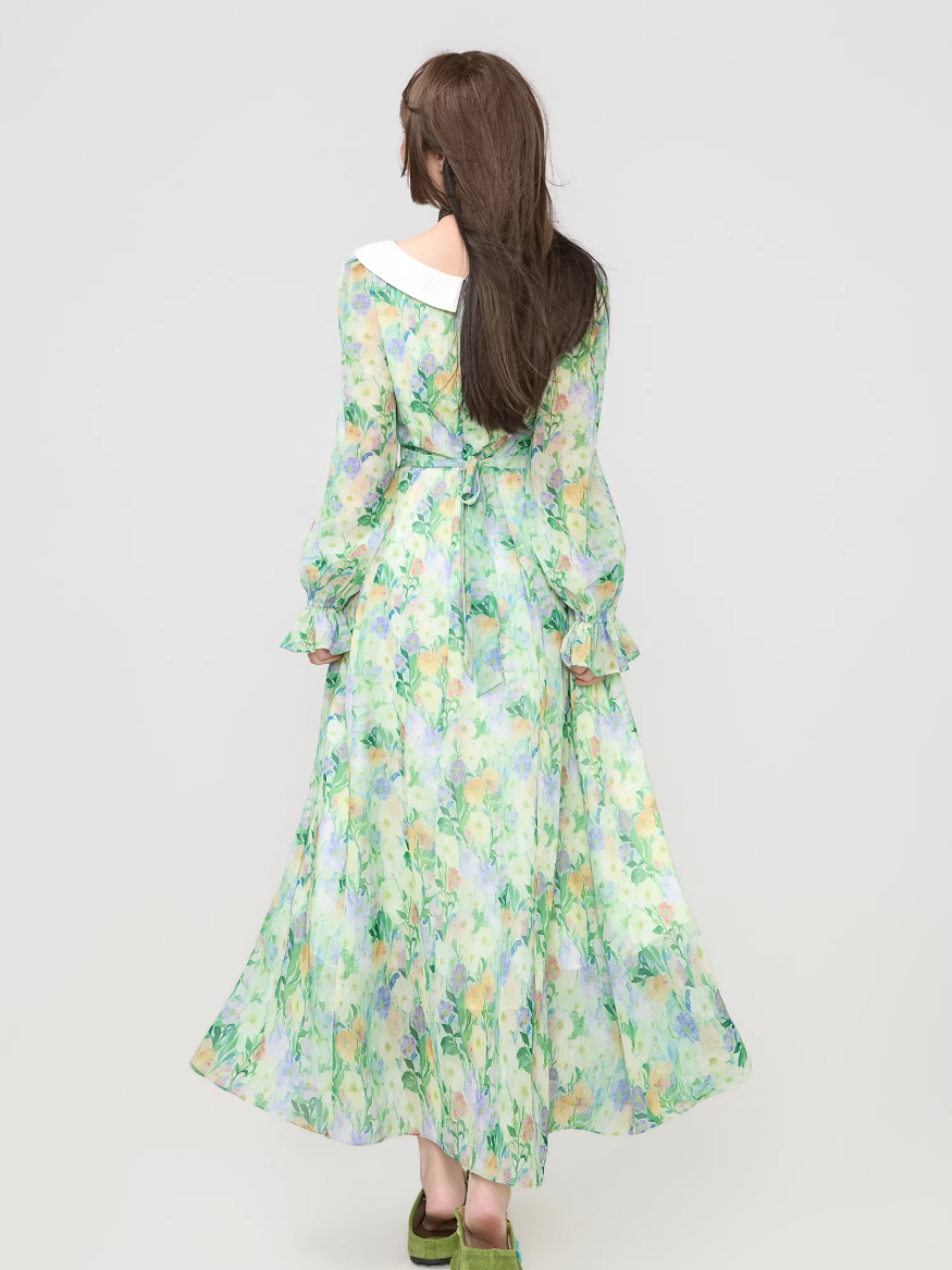 Floral Chiffon Puff Sleeve Long Dress　X3540