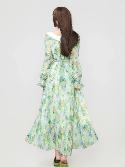 Floral Chiffon Puff Sleeve Long Dress　X3540